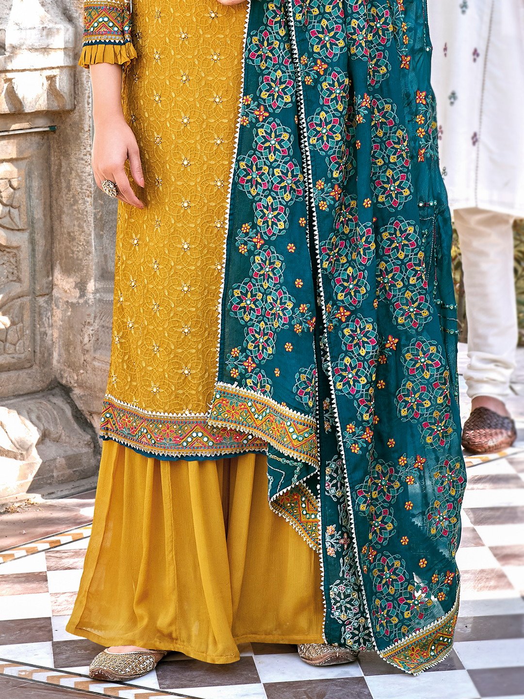 Party Wear Yellow Chinon Semi Stitched Embroidered Suit Set For Women - Stilento
