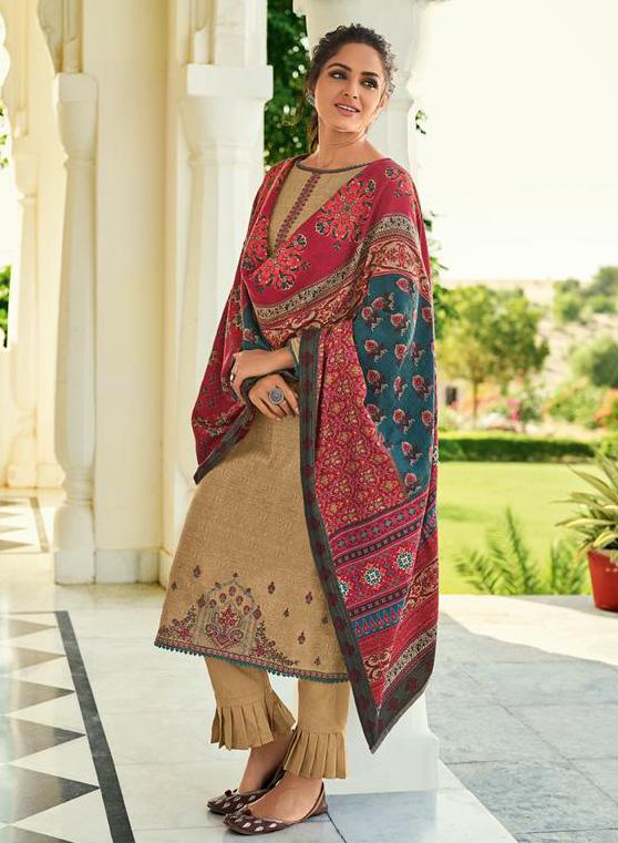 Pashmina Beige Salwar suit Dress Material for Woman with Embroidery - Stilento