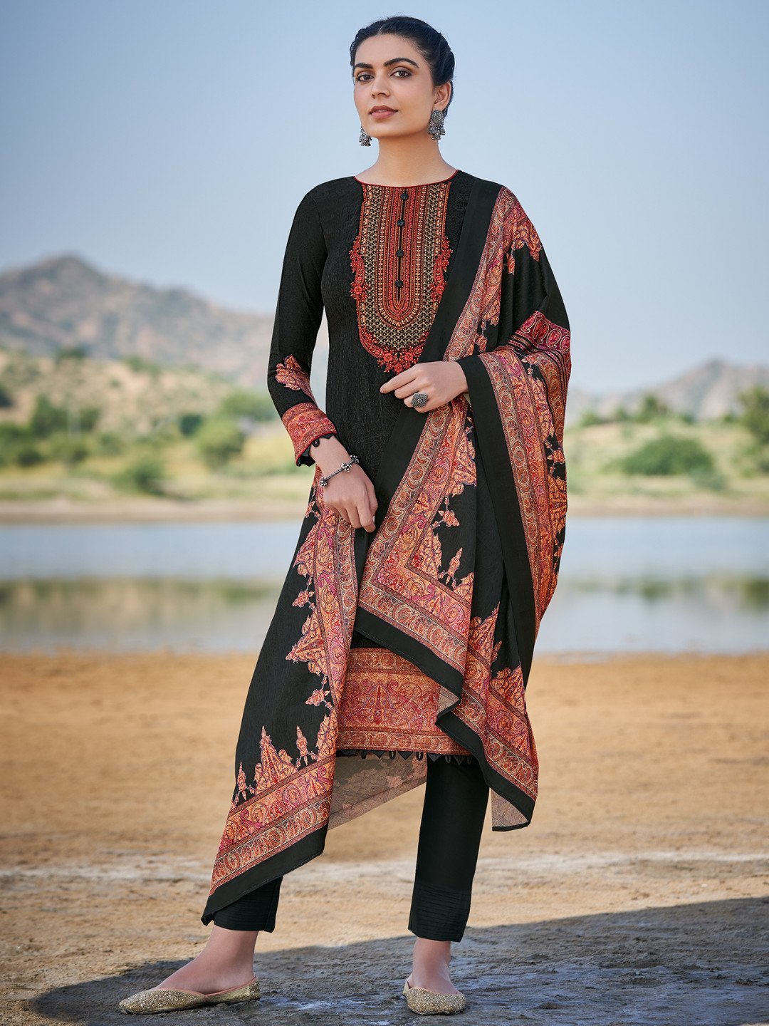 Pashmina Black Unstitched Suits Dress Material for Woman - Stilento
