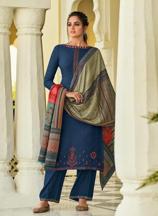 Pashmina Blue Salwar suit Dress Material for Woman with Embroidery - Stilento