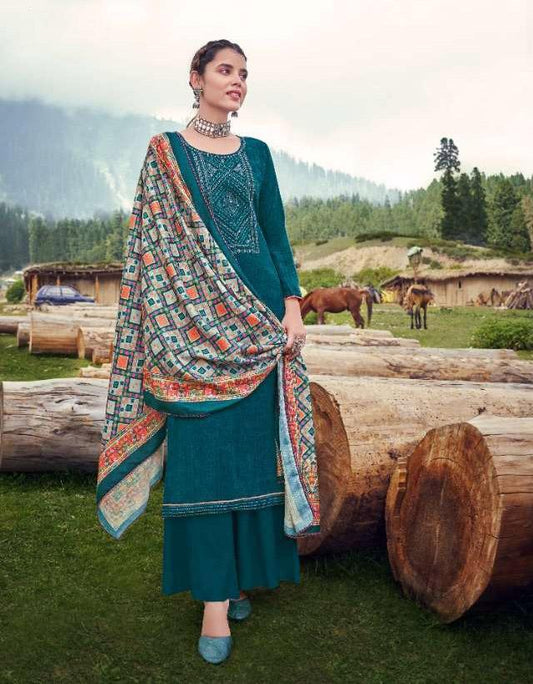 Pashmina Blue Winter Unstitched Suit Material With Dupatta