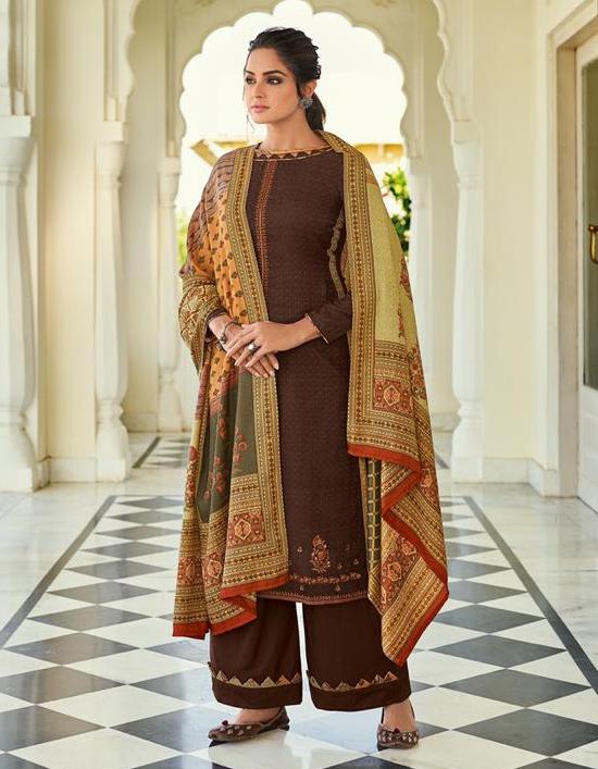 Pashmina Brown Salwar suit Dress Material for Woman with Embroidery - Stilento