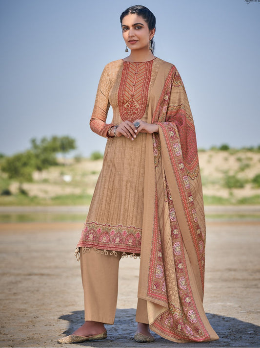 Mumtaz Arts Pashmina Brown Unstitched Winter Suit Dress Material
