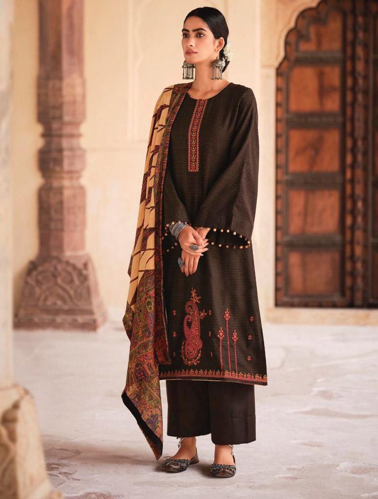 Pashmina Brown Unstitched Winter Salwar Suit Set With Printed Shawl - Stilento