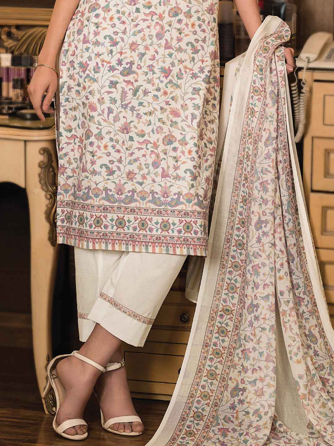 Woolen Printed Unstitched Cream Winter Pashmina Suits Fabric - Stilento