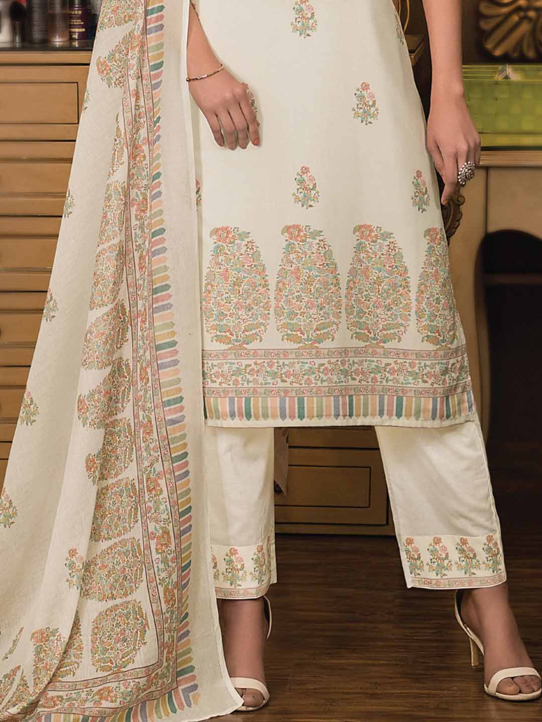 Woolen Printed Unstitched Cream Winter Pashmina Ladies Suits Material - Stilento