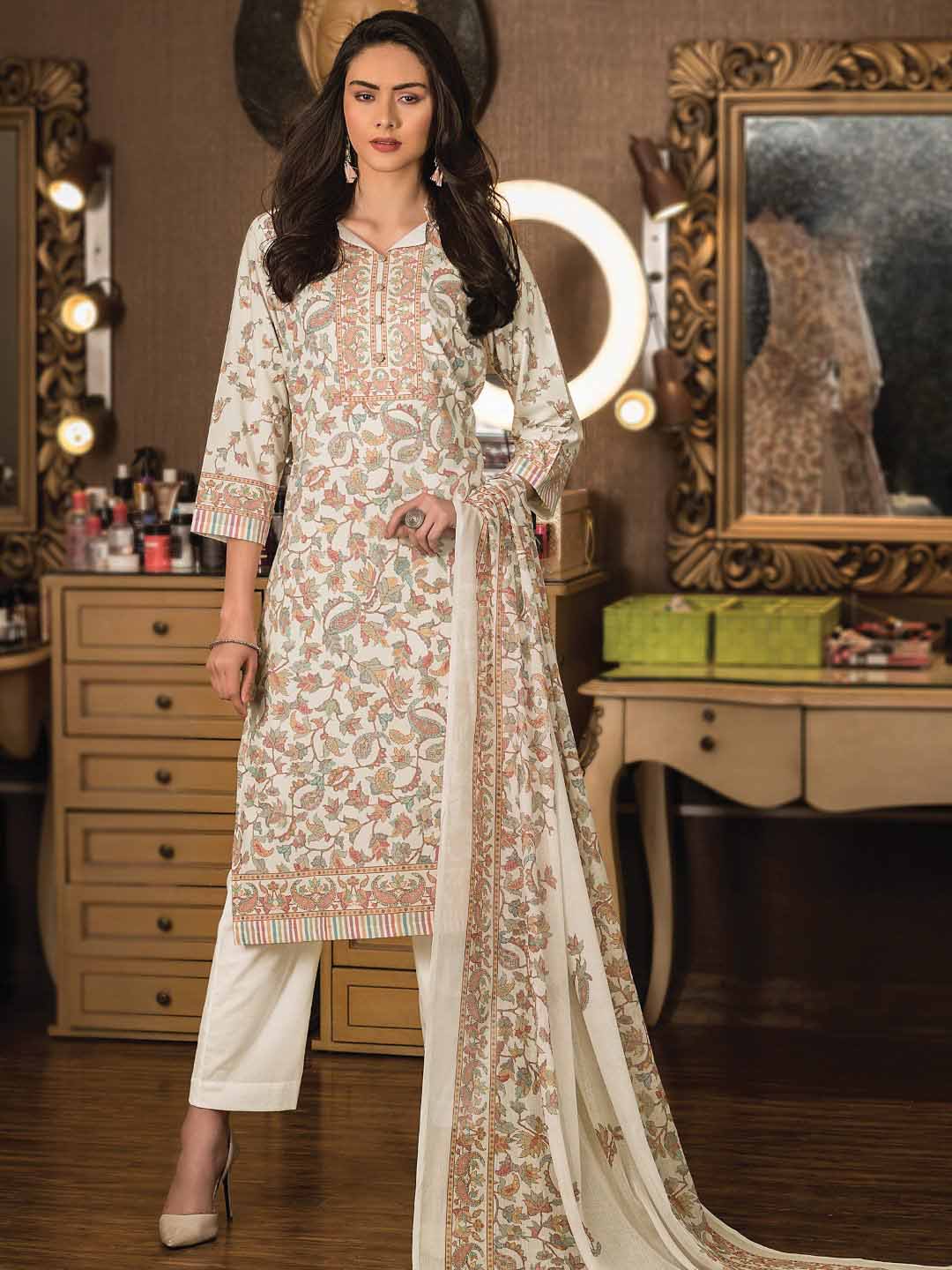 Rivaa Unstitched Cream Winter Pashmina Woolen Printed Suit Dress Material