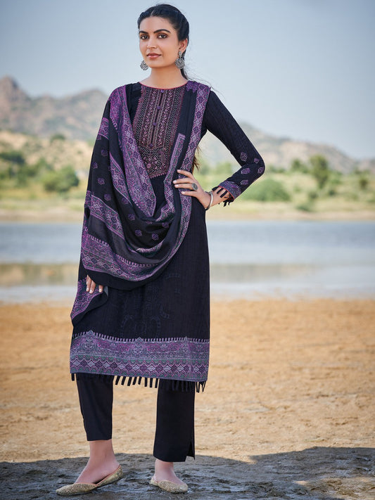 Pashmina Dark Blue Unstitched Suits Dress Material for Woman