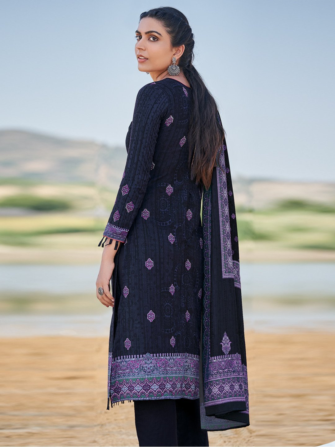 Pashmina Dark Blue Unstitched Suits Dress Material for Woman - Stilento