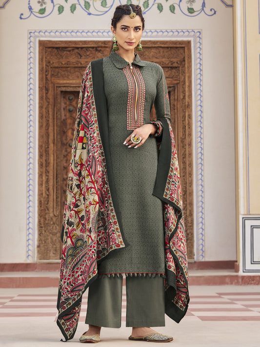Pashmina Dark Grey Embroidered Un-Stitched Suit Set