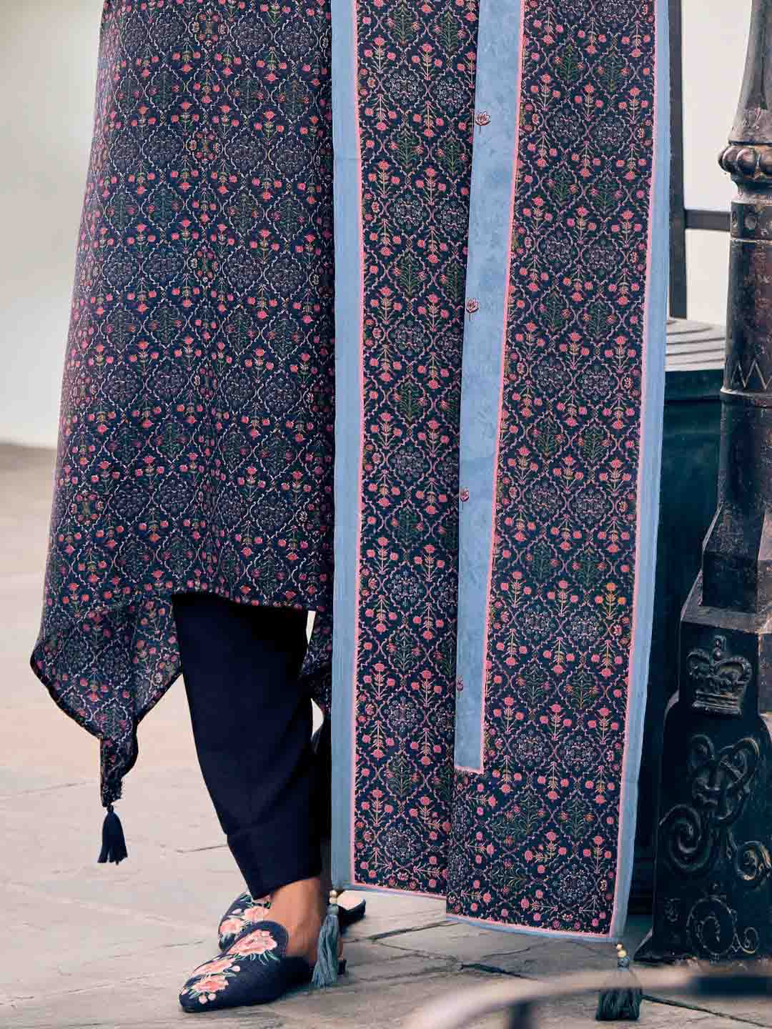 Pashmina Embroidered Navy Unstitched Winter Ladies Suits Set - Stilento
