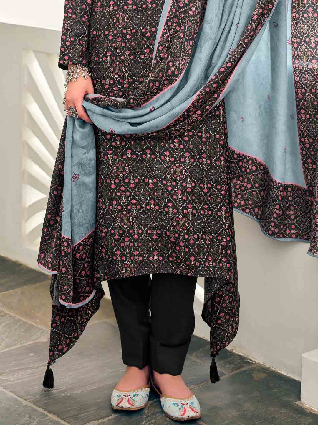 Pashmina Embroidered Black Unstitched Winter Ladies Suits Set - Stilento
