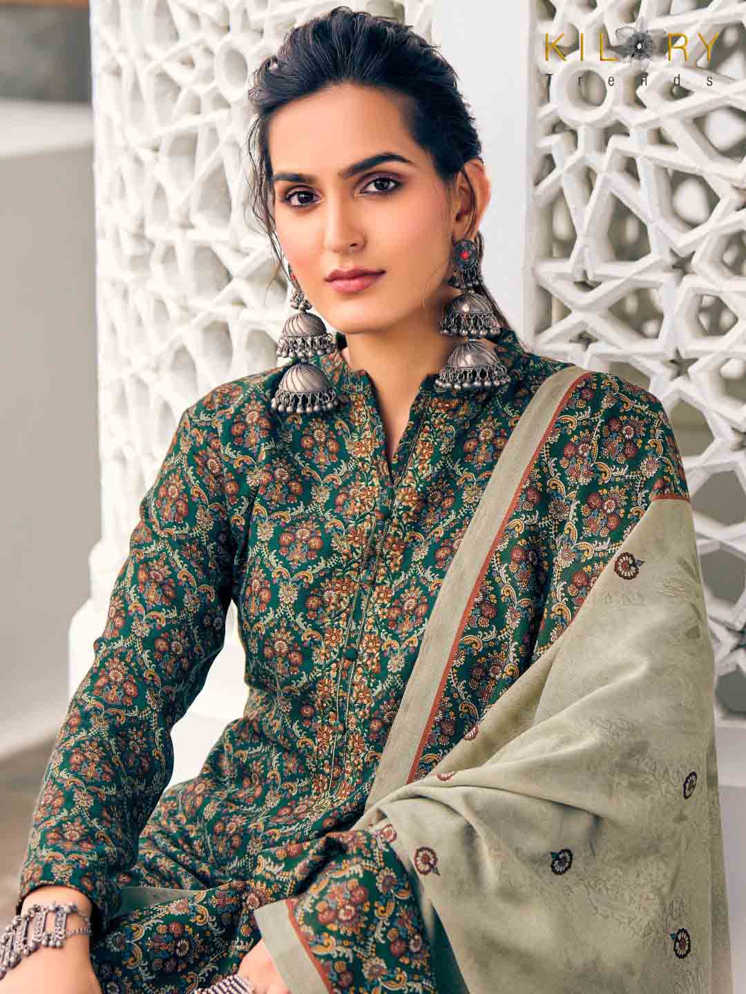 Pashmina Woolen Kurti Designer Green Unstitched Pashmina