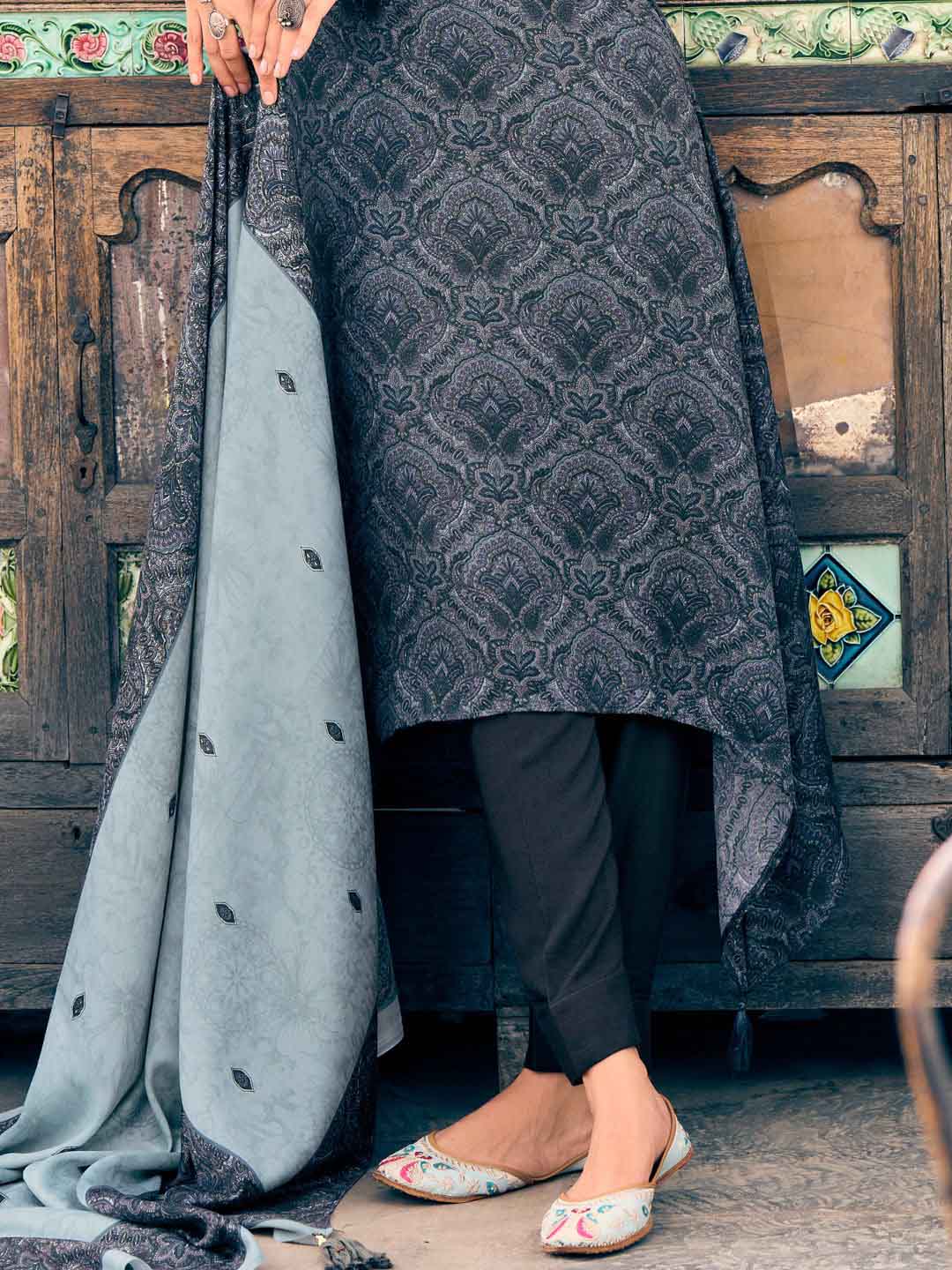Pashmina Embroidered Dark Grey Unstitched Winter Ladies Suits Set - Stilento