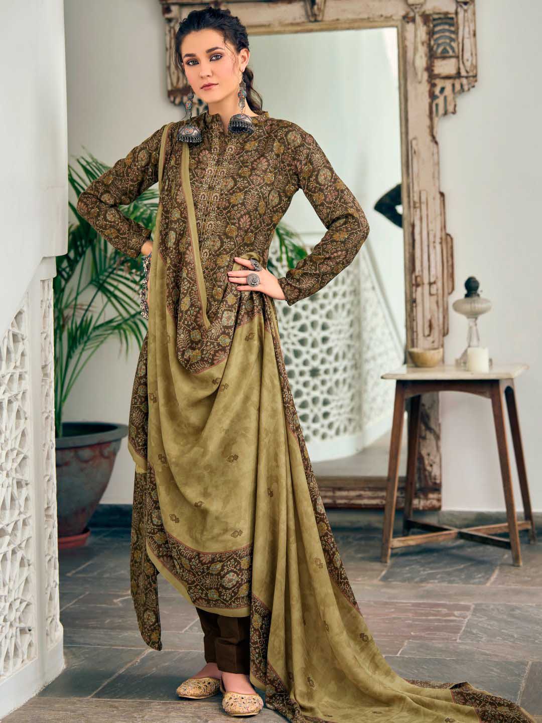 Pashmina Embroidered Mahendi Green Unstitched Winter Ladies Suits - Stilento
