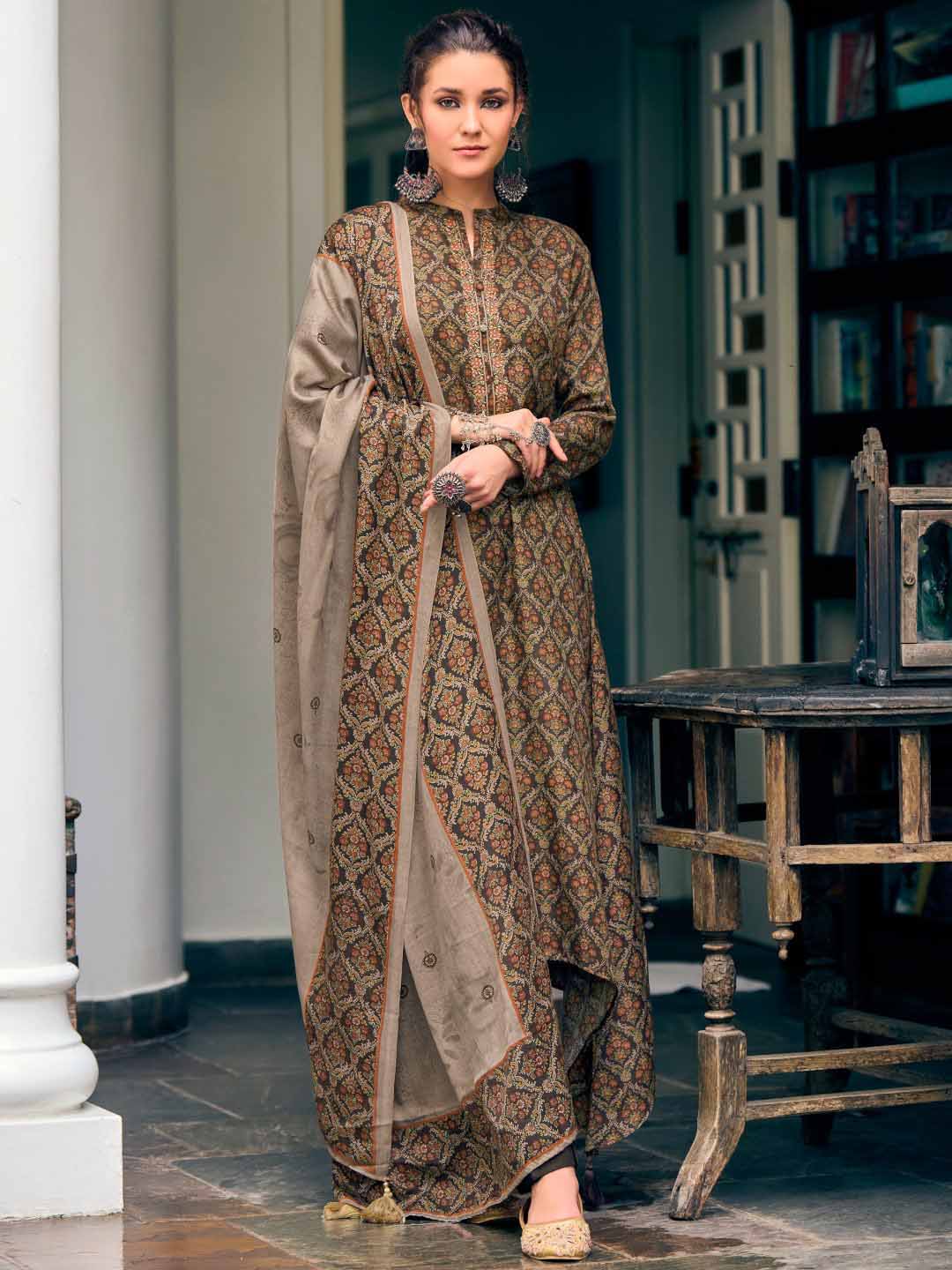 Pashmina Embroidered Brown Unstitched Winter Ladies Suits Set - Stilento