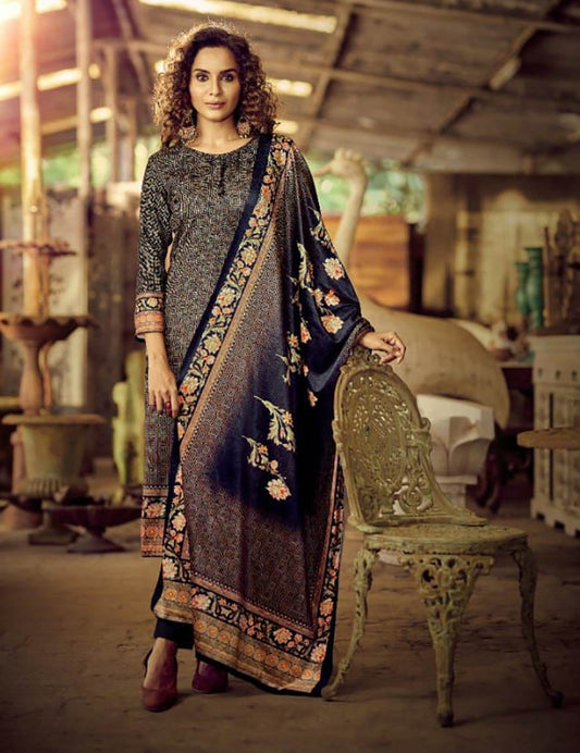 Pashmina Green Unstitched Dress Material Winter Wear Suits For Ladies