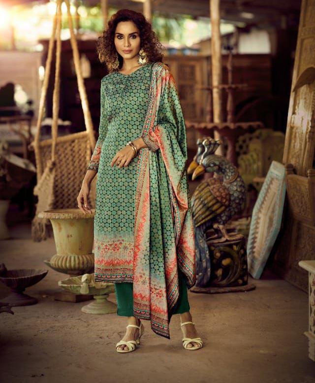 Pashmina Green Unstitched Dress Material Winter Wear Suits With Velvet Dupatta - Stilento