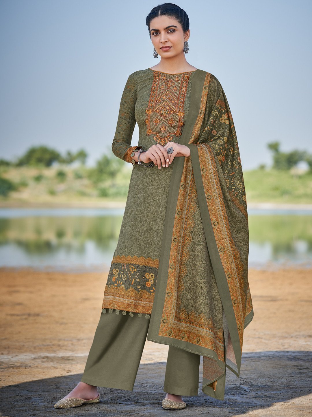 Pashmina Green Unstitched Suits Dress Material for Woman - Stilento