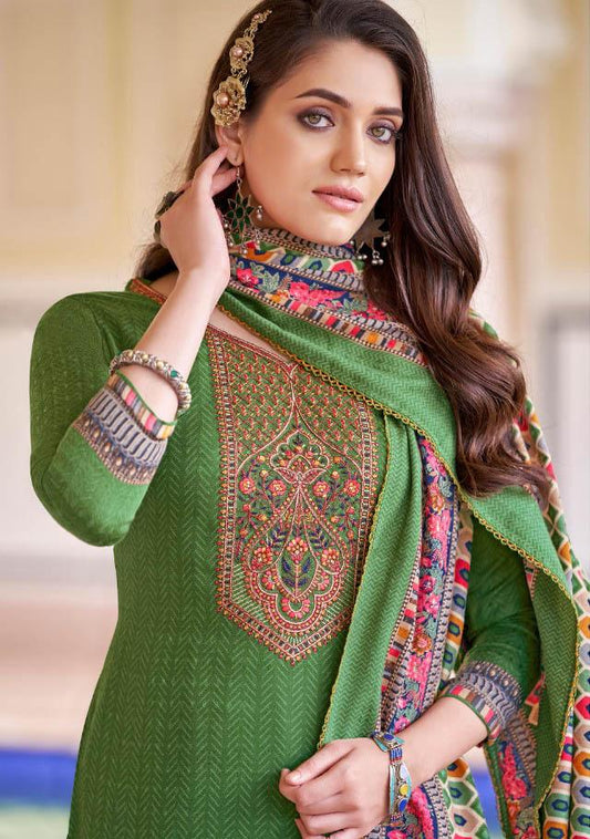 Pashmina Green Unstitched Winter Suits With Printed Dupatta