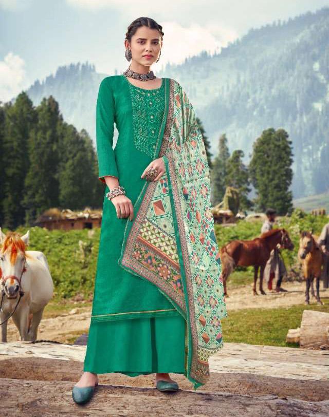 Pashmina Green Winter Unstitched Suit Material With Dupatta - Stilento