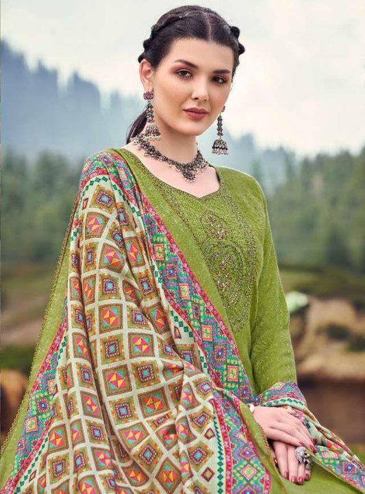 Pashmina Green Winter Unstitched Suit Material With Dupatta