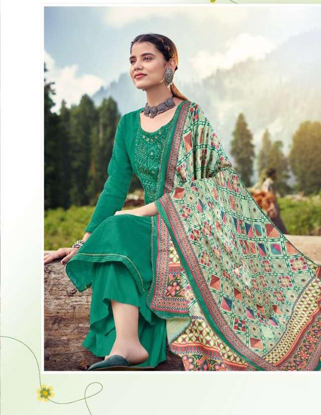 Pashmina Green Winter Unstitched Suit Material With Dupatta - Stilento