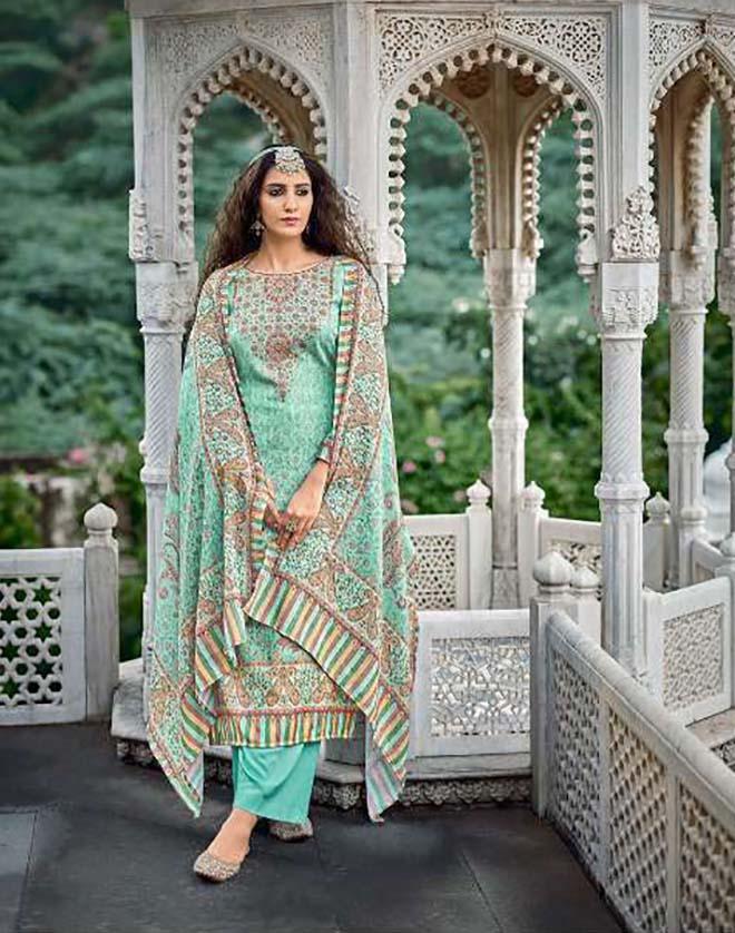 Pashmina Green Winter Unstitched Suit Set With shawl - Stilento