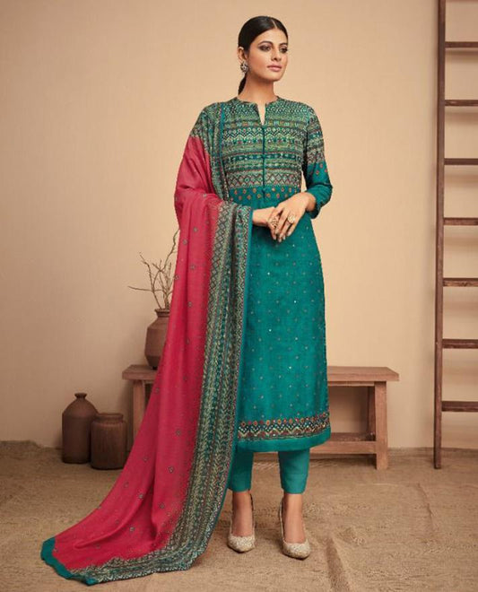 Pashmina Green Winter Unstitched Suit With Printed shawl