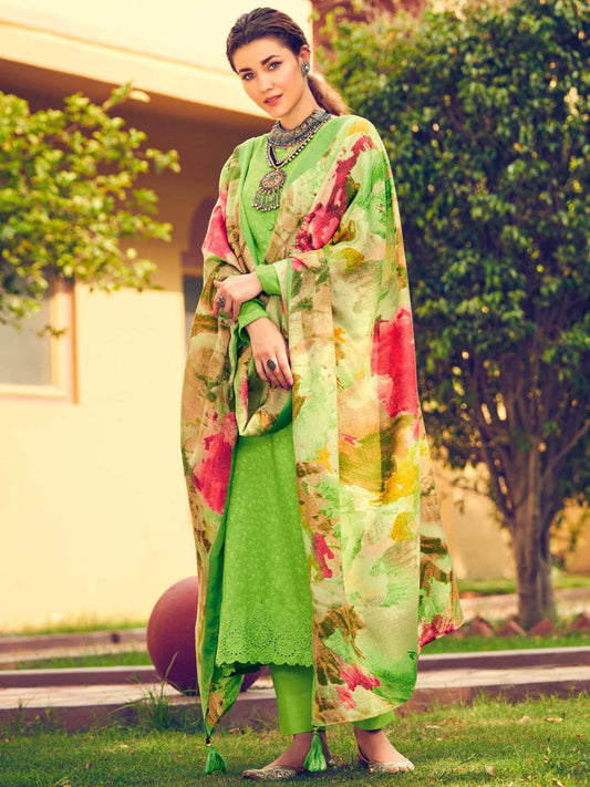 Pashmina Green Unstitched Winter Suit Dress Material for Women
