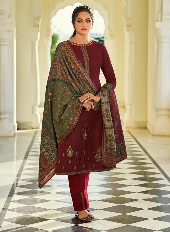 Pashmina Maroon Salwar suit Dress Material for Woman with Embroidery - Stilento
