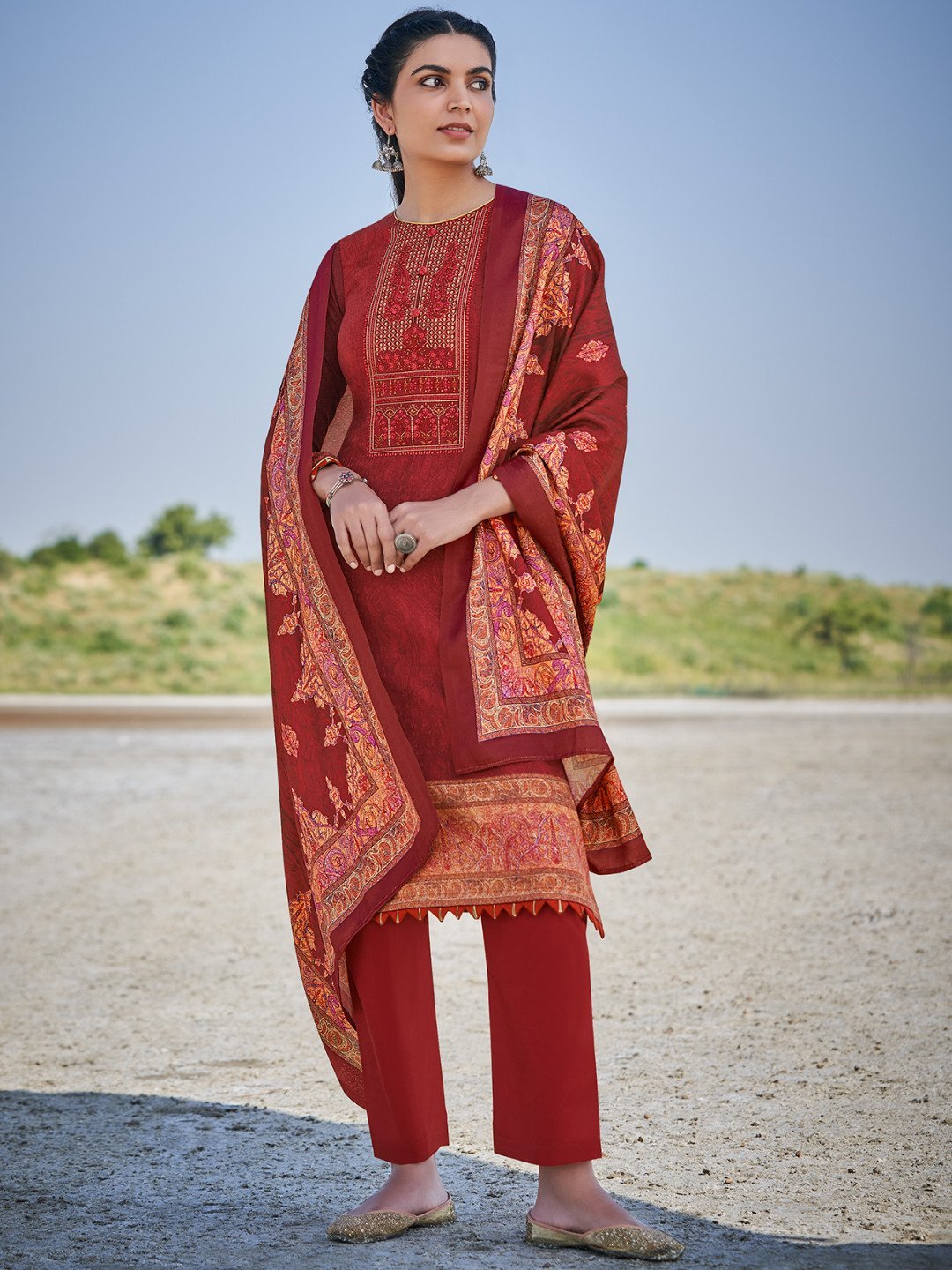 Pashmina Maroon Unstitched Suits Dress Material for Woman - Stilento