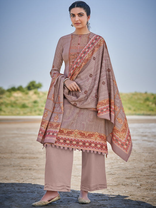 Mumtaz Arts Pashmina Brown Unstitched Winter Suit Dress Material