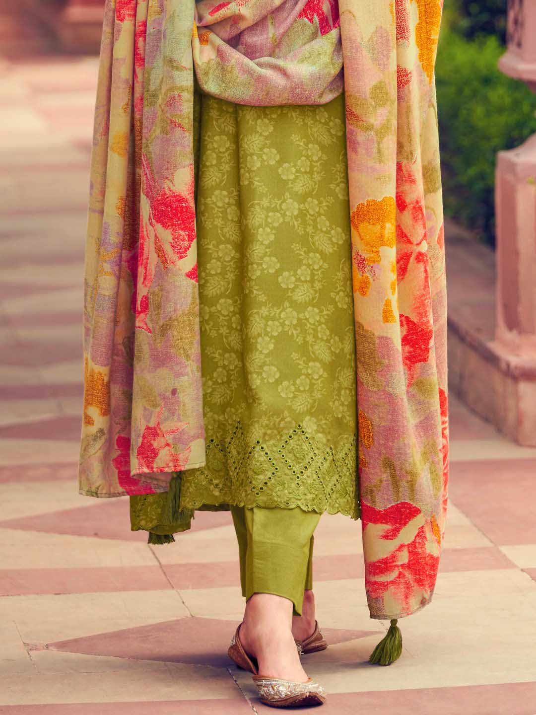 Pashmina Olive Green Embroidered Unstitched Winter Suit Set - Stilento