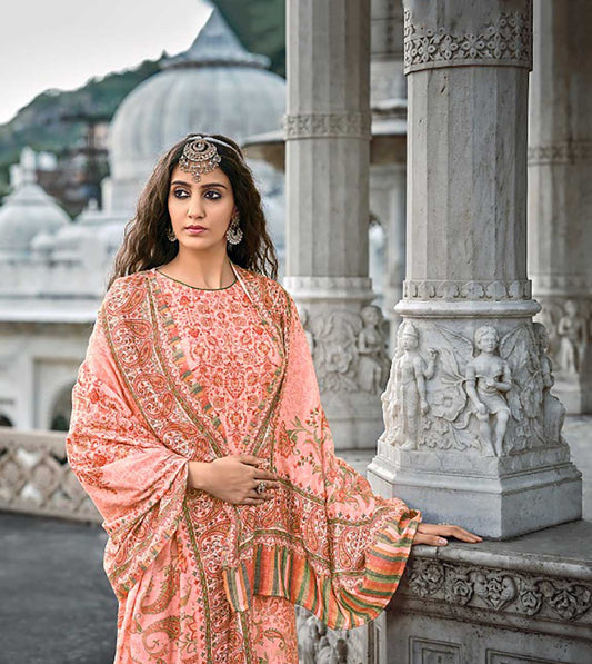 Pashmina Orange Winter Unstitched Suit Set With shawl