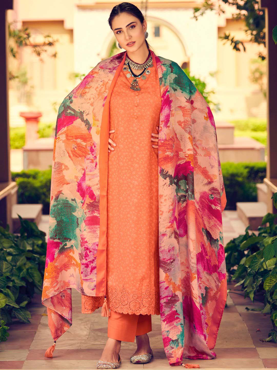 Pashmina Peach Embroidered Unstitched Winter Suit Set - Stilento