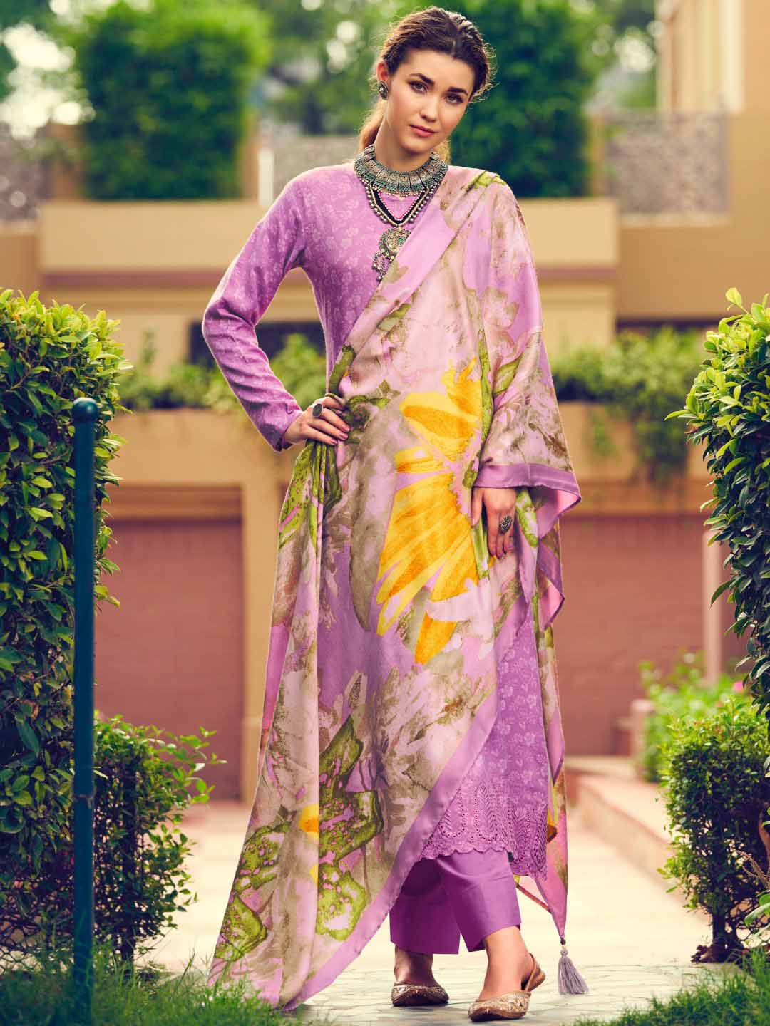 Pashmina Purple Embroidered Unstitched Winter Suit Set - Stilento