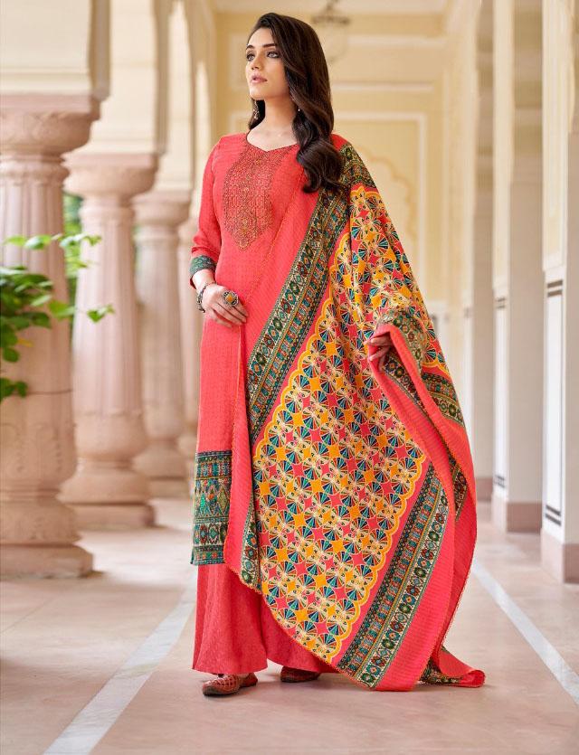 Pashmina Red Unstitched Winter Suits With Printed Dupatta - Stilento