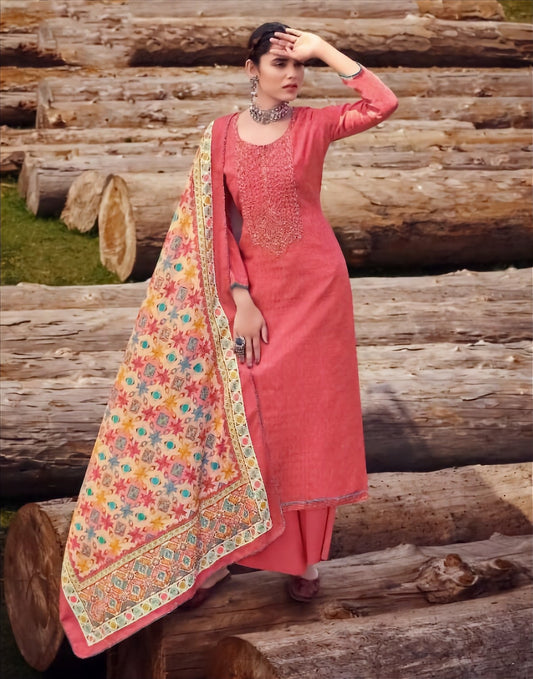 Pashmina Red Winter Unstitched Suit Material With Dupatta