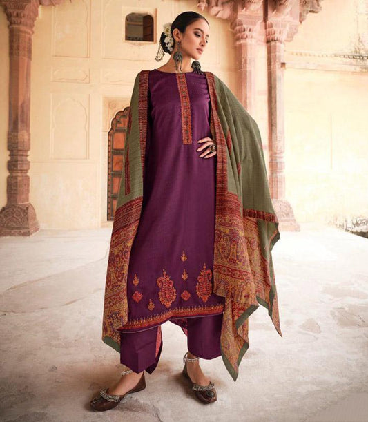Pashmina Unstitched Winter Salwar Suit Set With Printed Shawl - Stilento