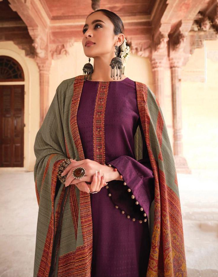 Pashmina Unstitched Winter Salwar Suit Set With Printed Shawl - Stilento