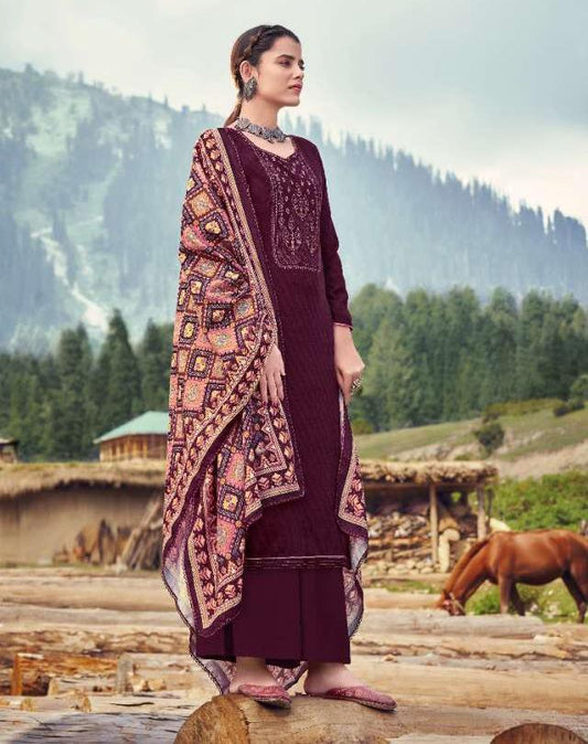 Pashmina Violet Winter Unstitched Suit Material With Dupatta