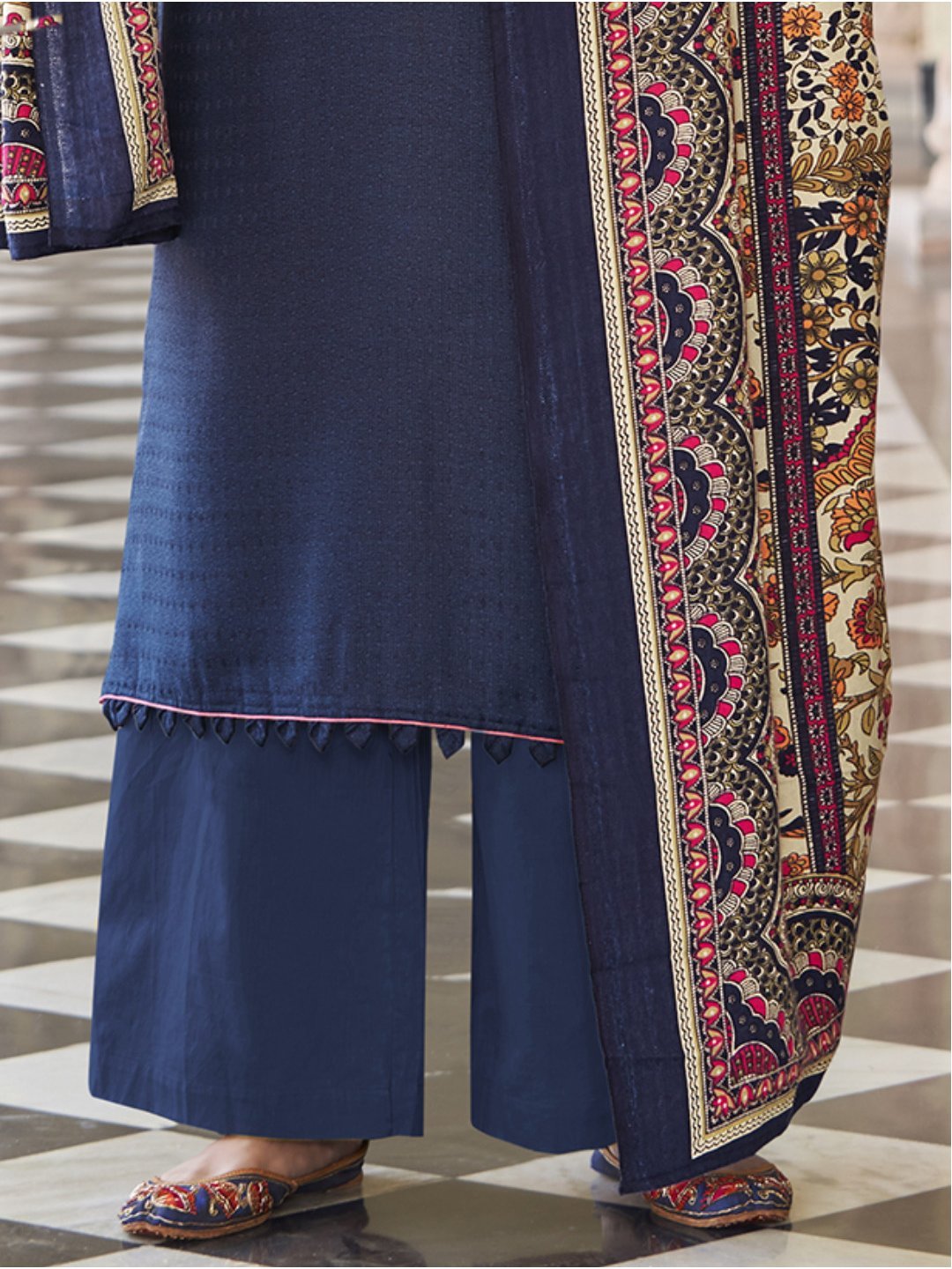 Pashmina With Embroidery Navy Blue Un-Stitched Dress Material - Stilento