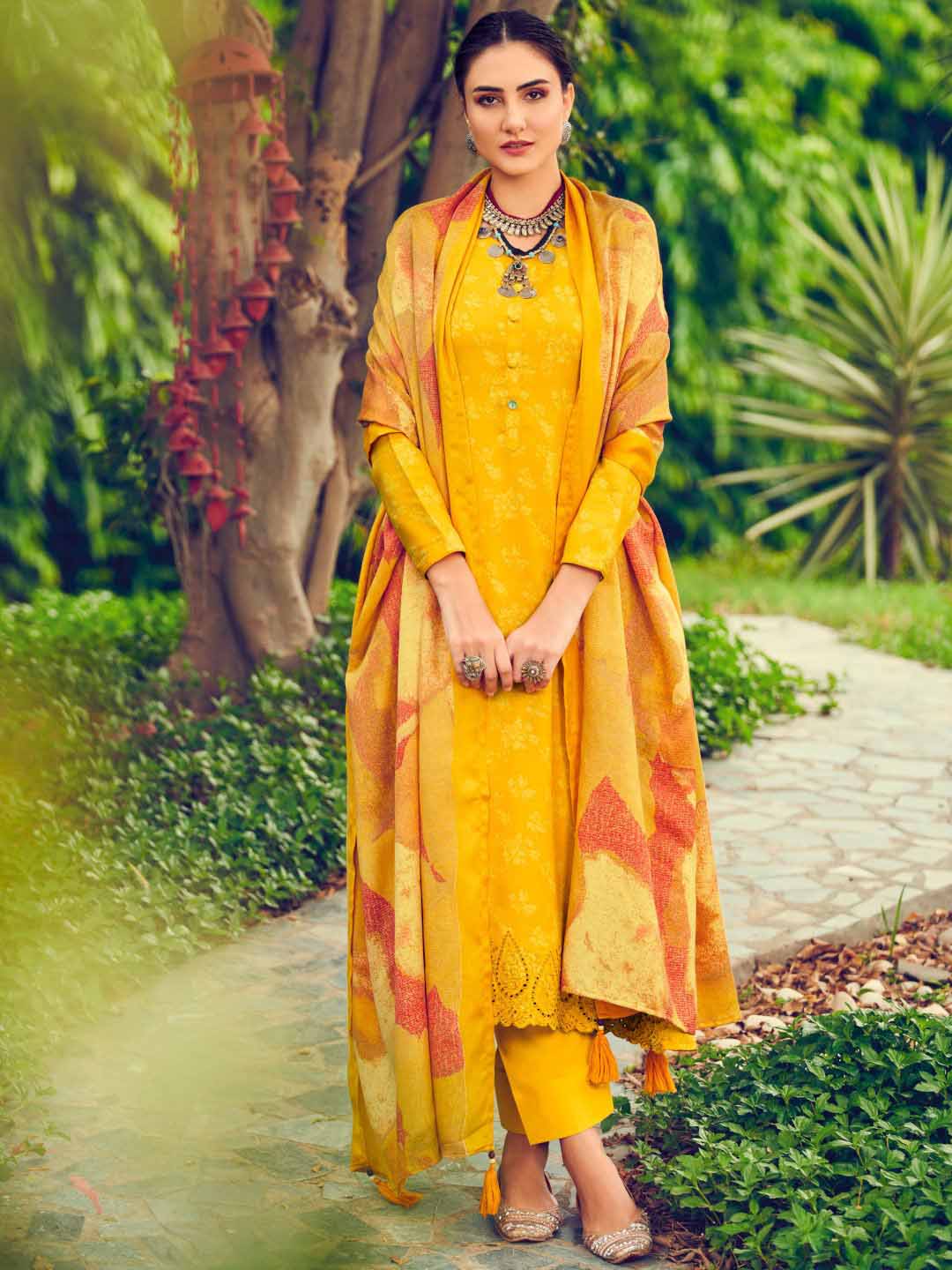 Pashmina Yellow Embroidered Unstitched Winter Suit Set - Stilento