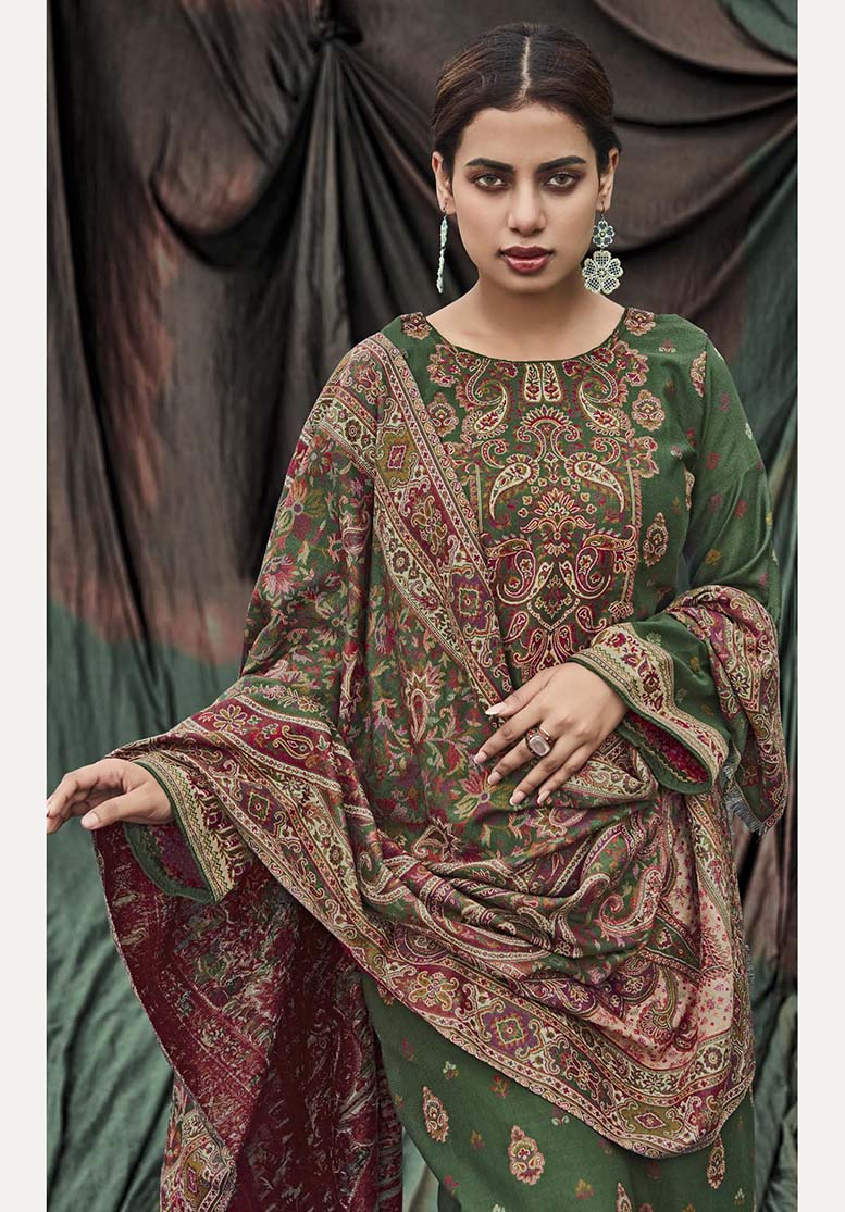 Belliza Woolen Pashmina Green Winter Unstitched suit Fabric - Stilento
