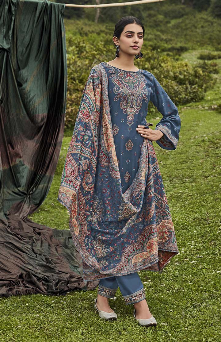Belliza Pashmina Winter Unstitched Blue Salwar Suit Fabric - Stilento