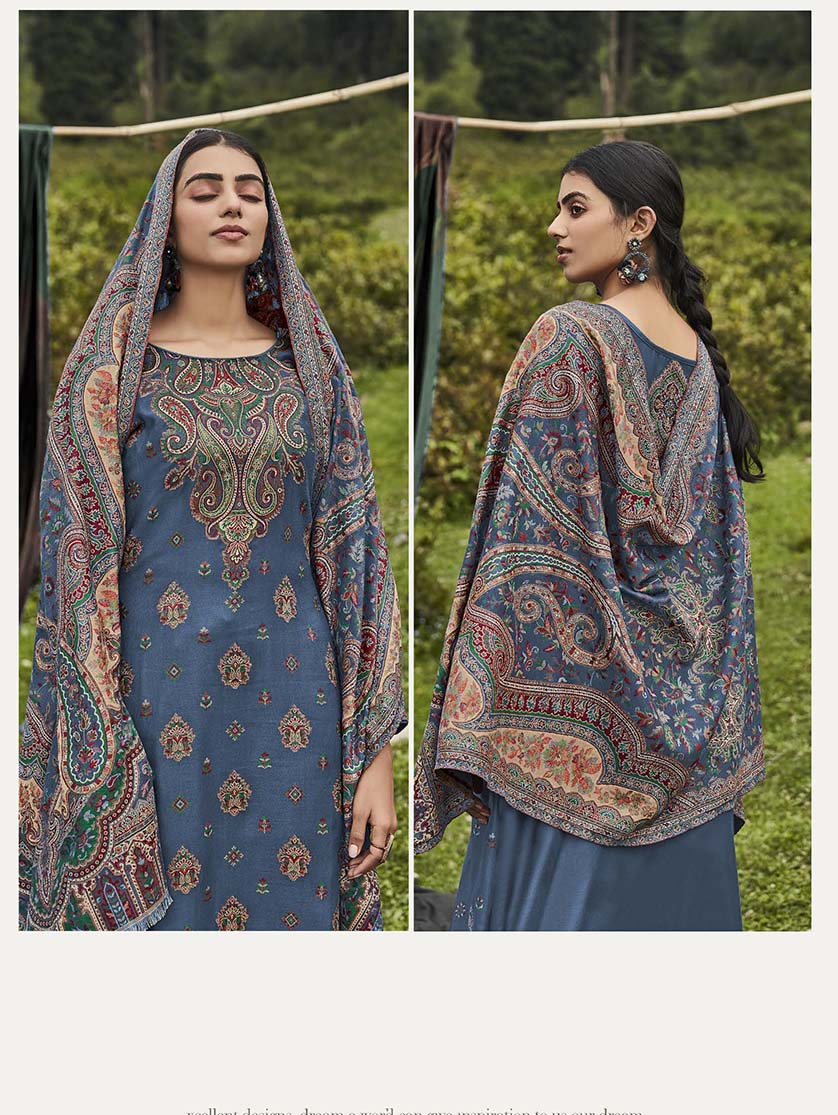 Belliza Pashmina Winter Unstitched Blue Salwar Suit Fabric - Stilento