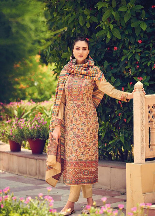 Handloom Weaving Pashmina Beige Unstitched Winter Suit