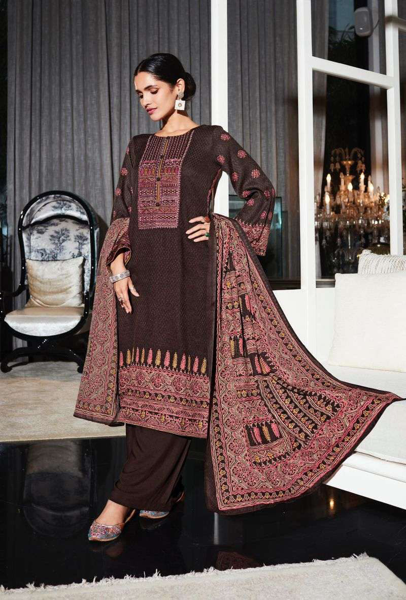 Pashmina Unstitched Coffee Brown Winter Suits Set with Neck Embroidery - Stilento
