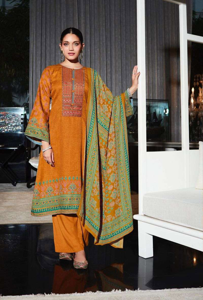 Pashmina Unstitched Yellow Winter Suits Set with Neck Embroidery - Stilento